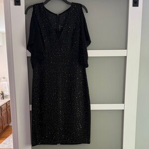 St. John Collection Black Glitter Silk Flutter Sleeve Midi Dress size 6